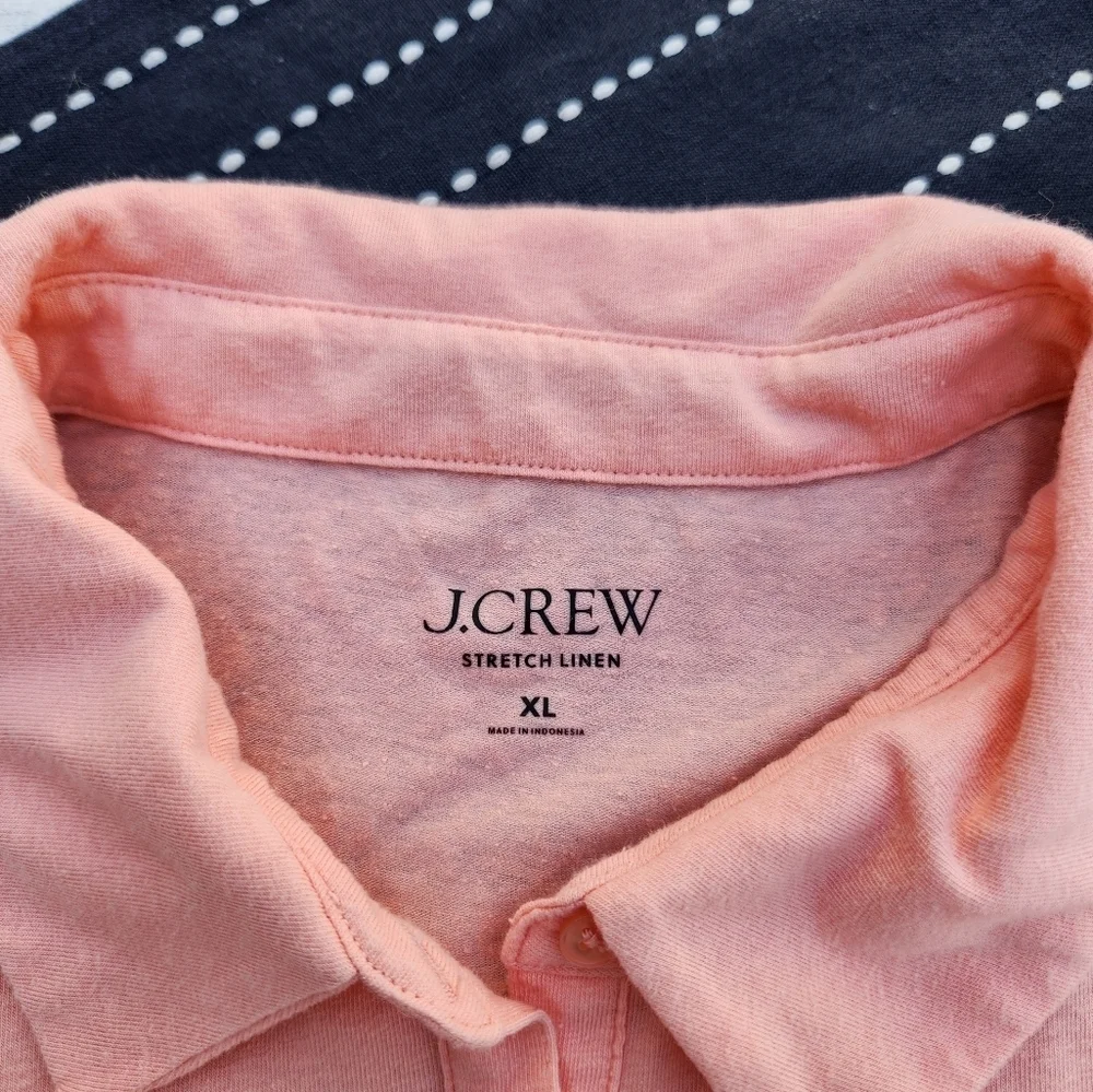 J.Crew Relaxed Long Sleeve Stretch Linen Blend Polo Shirt Peach Size XL
